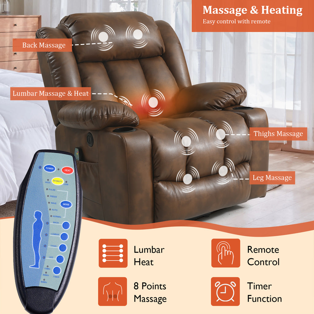 TEKAMON Large Power Lift Recliner Chair for Elderly with Heat and Massage Leather Electric Recliners Chair For Living Room with Cup Holders, Remote Control (Ochre)