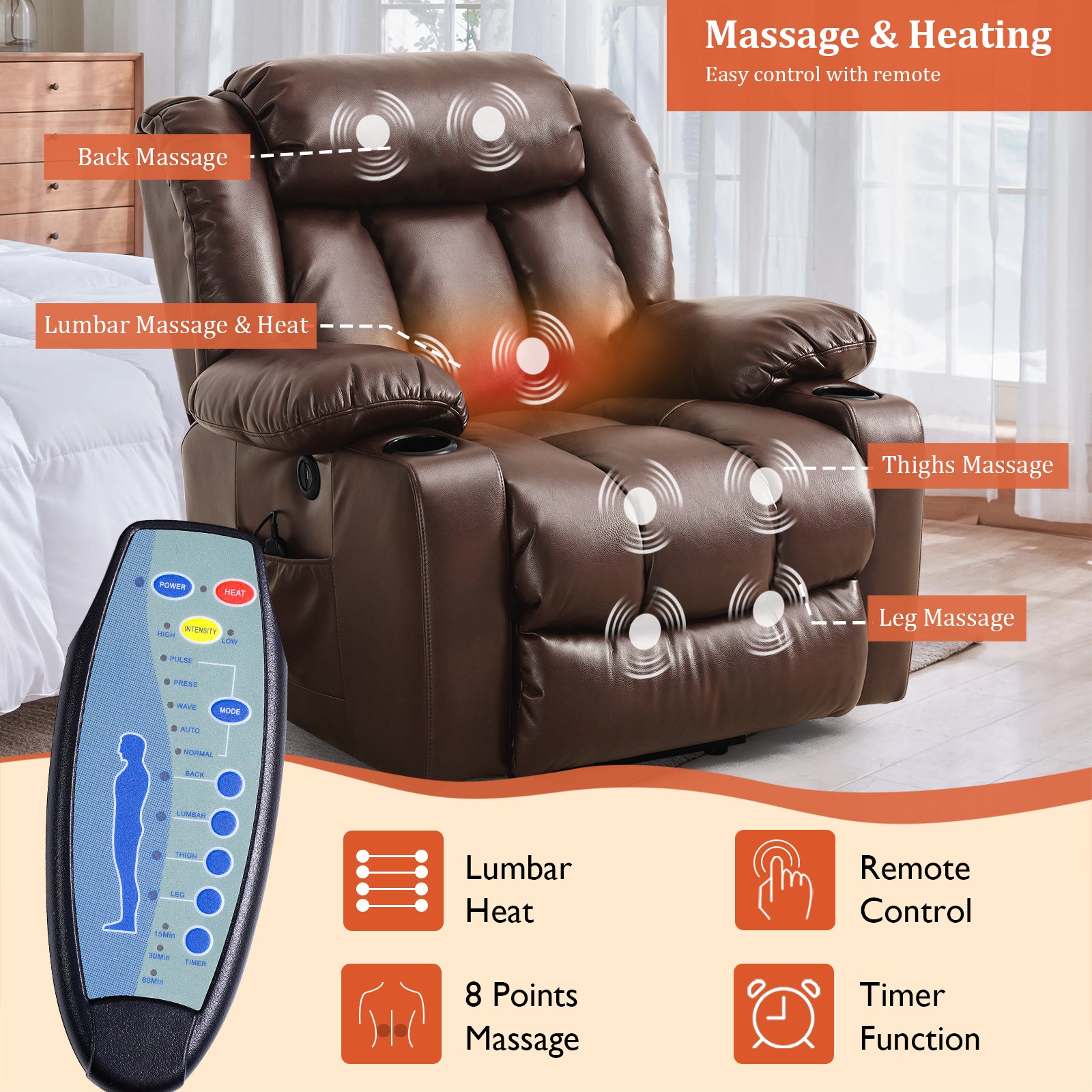 TEKAMON Infinite Position Lift Recliner Chair for Elderly with Heat Massage and Extended Footrest Lay Flat Sleeping Leather Dual Motor Power Lift Chair for Living Room (Brown)