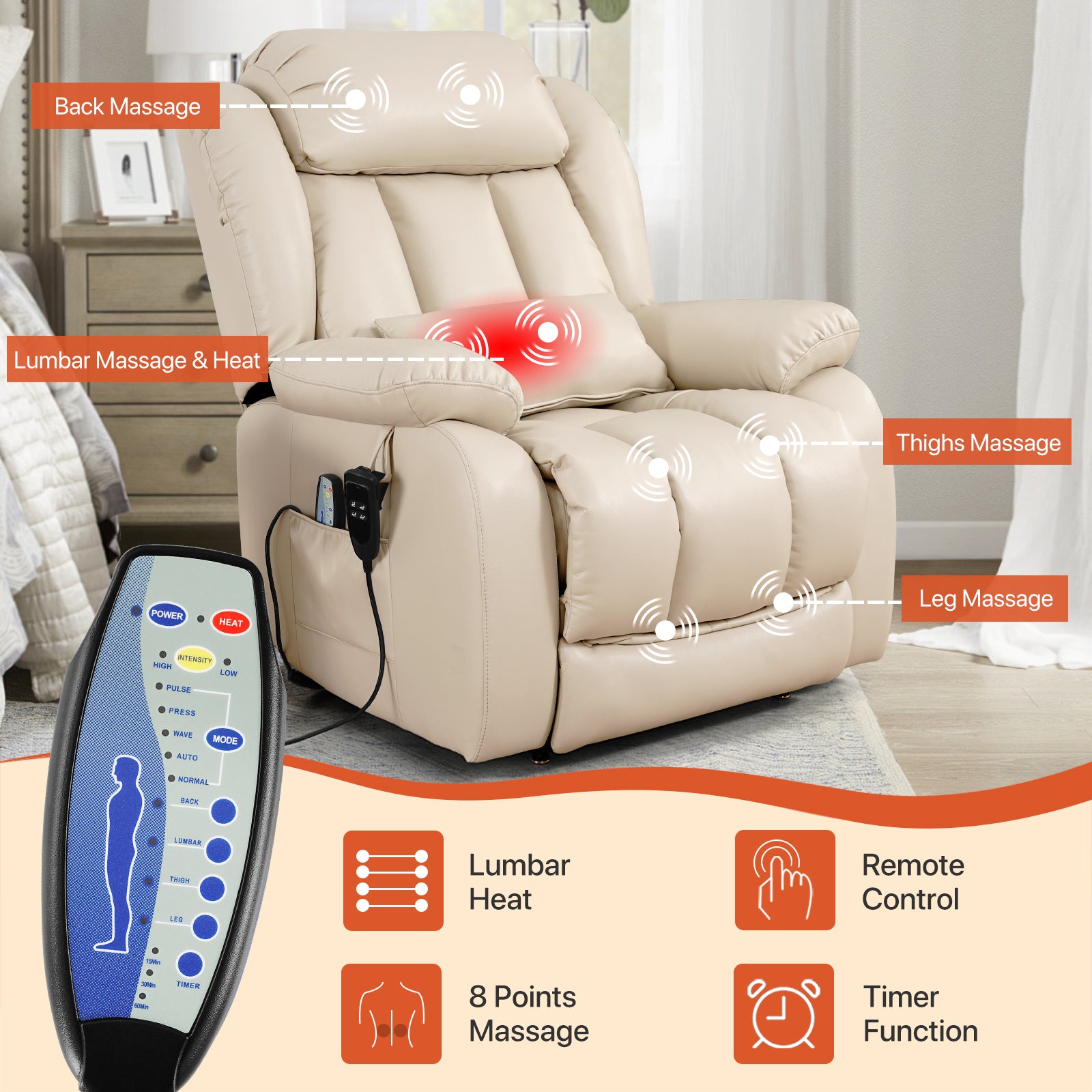 TEKAMON Infinite Position Lift Recliner Chair for Elderly with Heat Massage and Extended Footrest Lay Flat Sleeping Leather Dual Motor Power Lift Chair for Living Room (Beige)