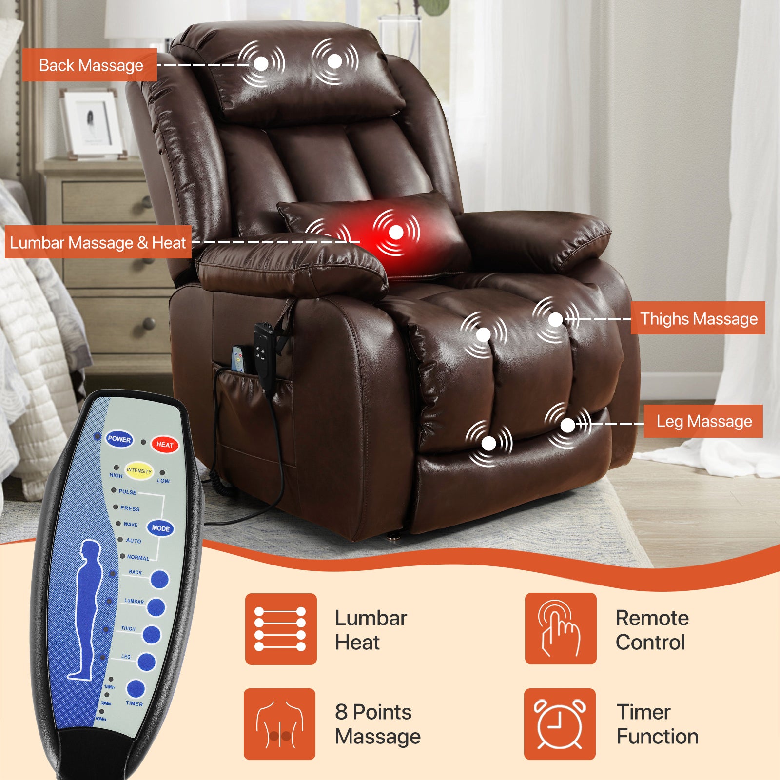 TEKAMON Power Lift Chair Recliner for Elderly with Heat and Massage, Lay Flat Sleeping Recliner Dual Motor Infinite Position Leather Lift Chair for Living Room (Brown)