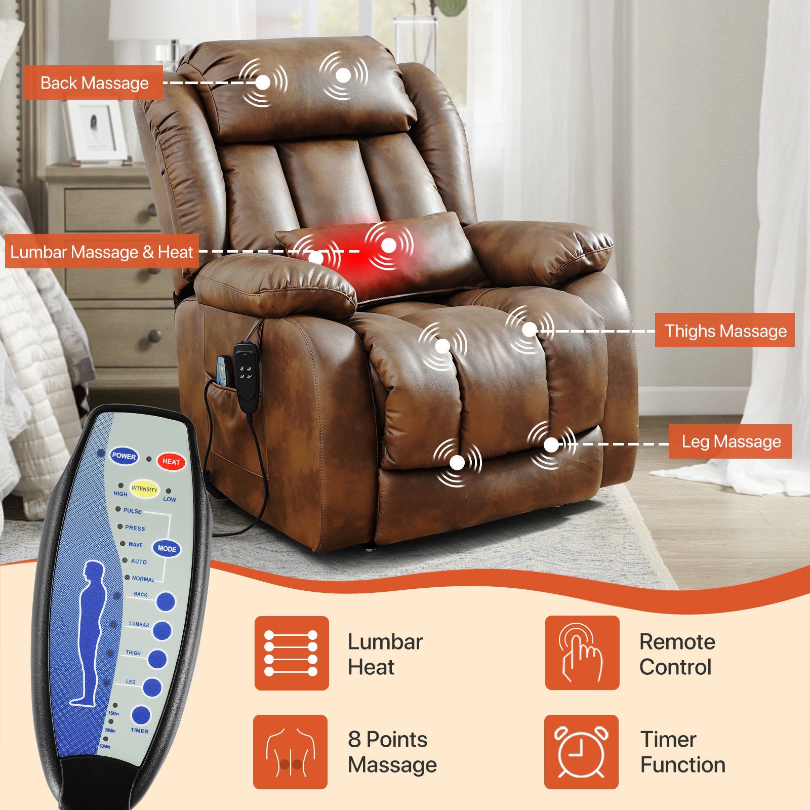 TEKAMON Infinite Position Lift Recliner Chair for Elderly with Heat Massage and Extended Footrest Lay Flat Sleeping Leather Dual Motor Power Lift Chair for Living Room (Ochre)