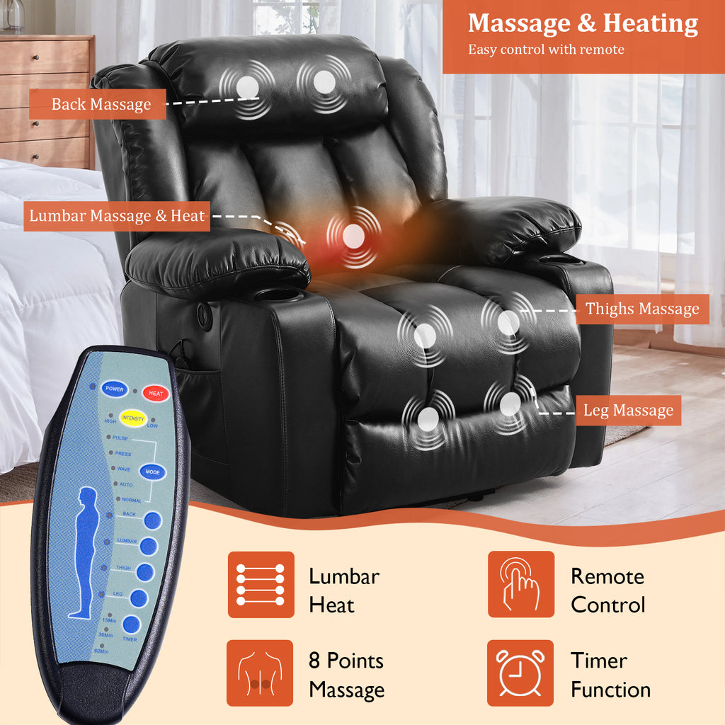 TEKAMON Large Power Lift Recliner Chair for Elderly with Heat and Massage Leather Electric Recliners Chair For Living Room with Cup Holders, Remote Control (Black)