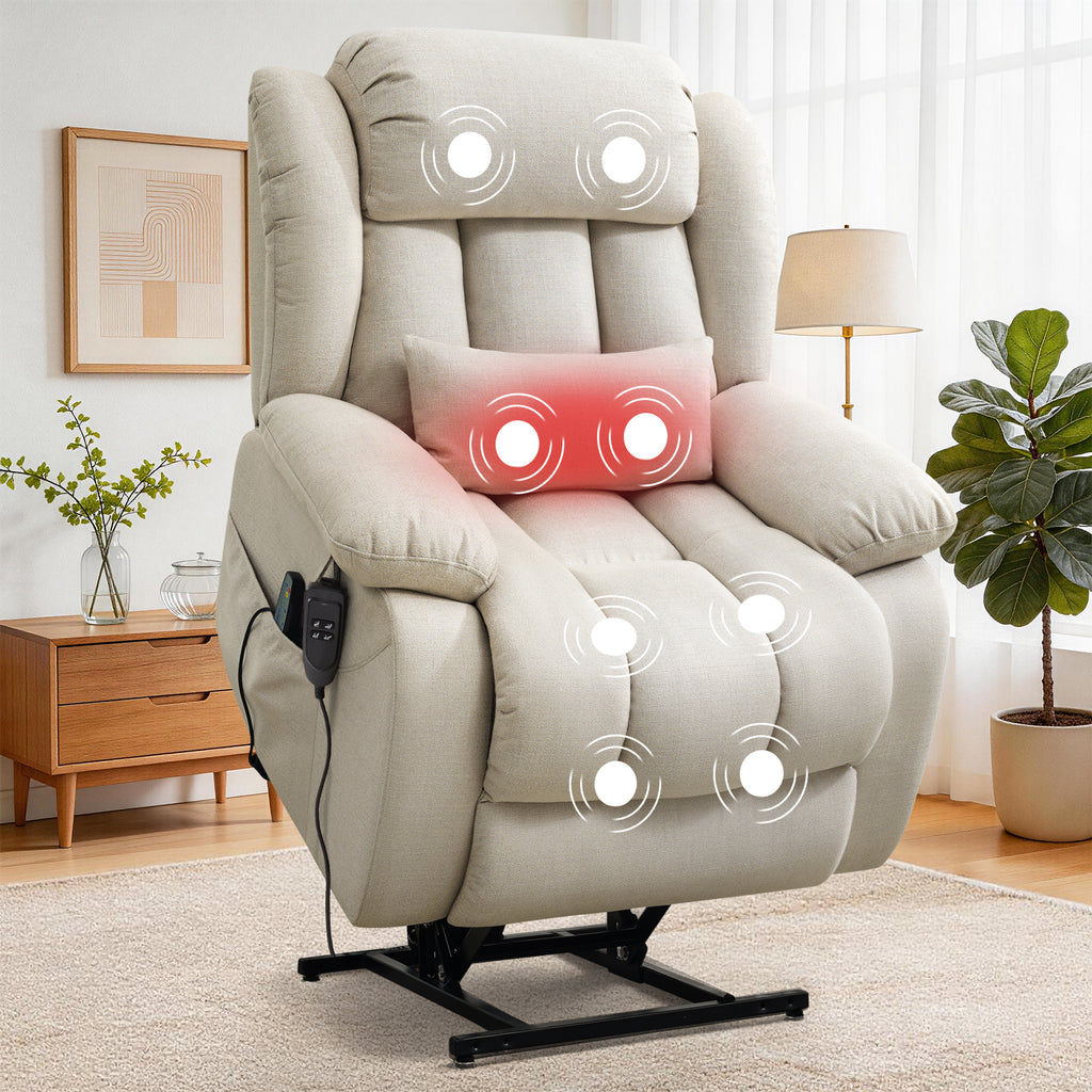 TEKAMON Infinite Position Lift Recliner Chair for Elderly with Heat and Massage Lay Flat Sleeping Power Lift Chair, Linen Fabric, Beige