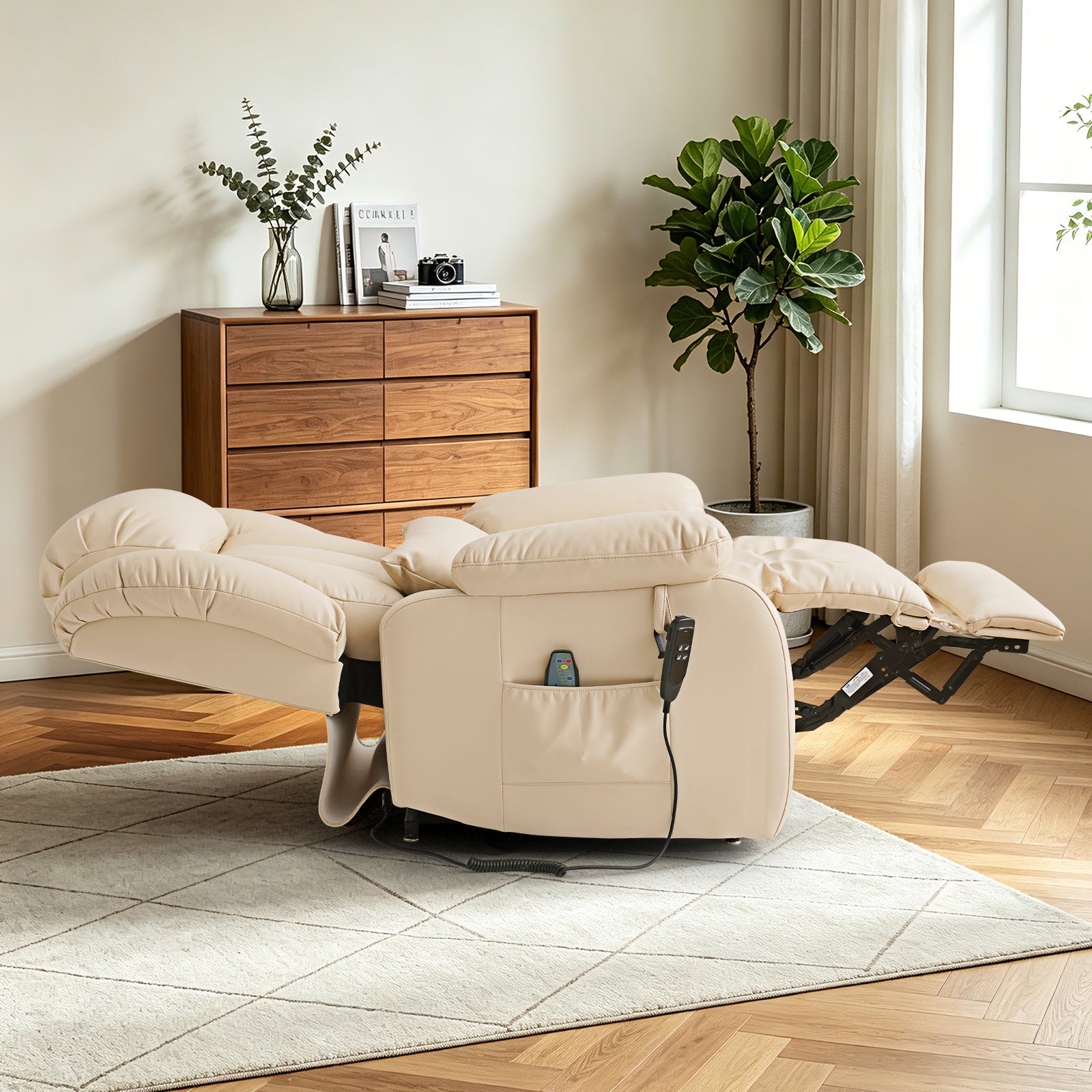 TEKAMON Infinite Position Lift Recliner Chair for Elderly with Heat Massage and Extended Footrest Lay Flat Sleeping Leather Dual Motor Power Lift Chair for Living Room (Beige)