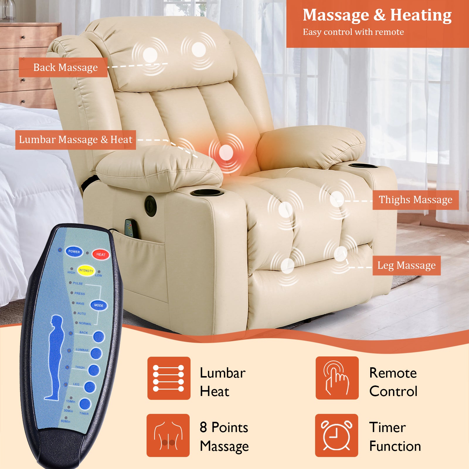TEKAMON Large Power Lift Recliner Chair for Elderly with Heat and Massage Leather Electric Recliners Chair For Living Room with Cup Holders, Remote Control (Beige)