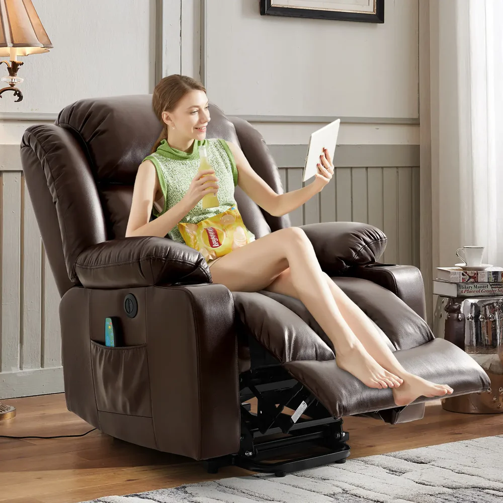 TEKAMON Infinite Position Lift Recliner Chair for Elderly with Heat Massage and Extended Footrest Lay Flat Sleeping Leather Dual Motor Power Lift Chair for Living Room (Brown)