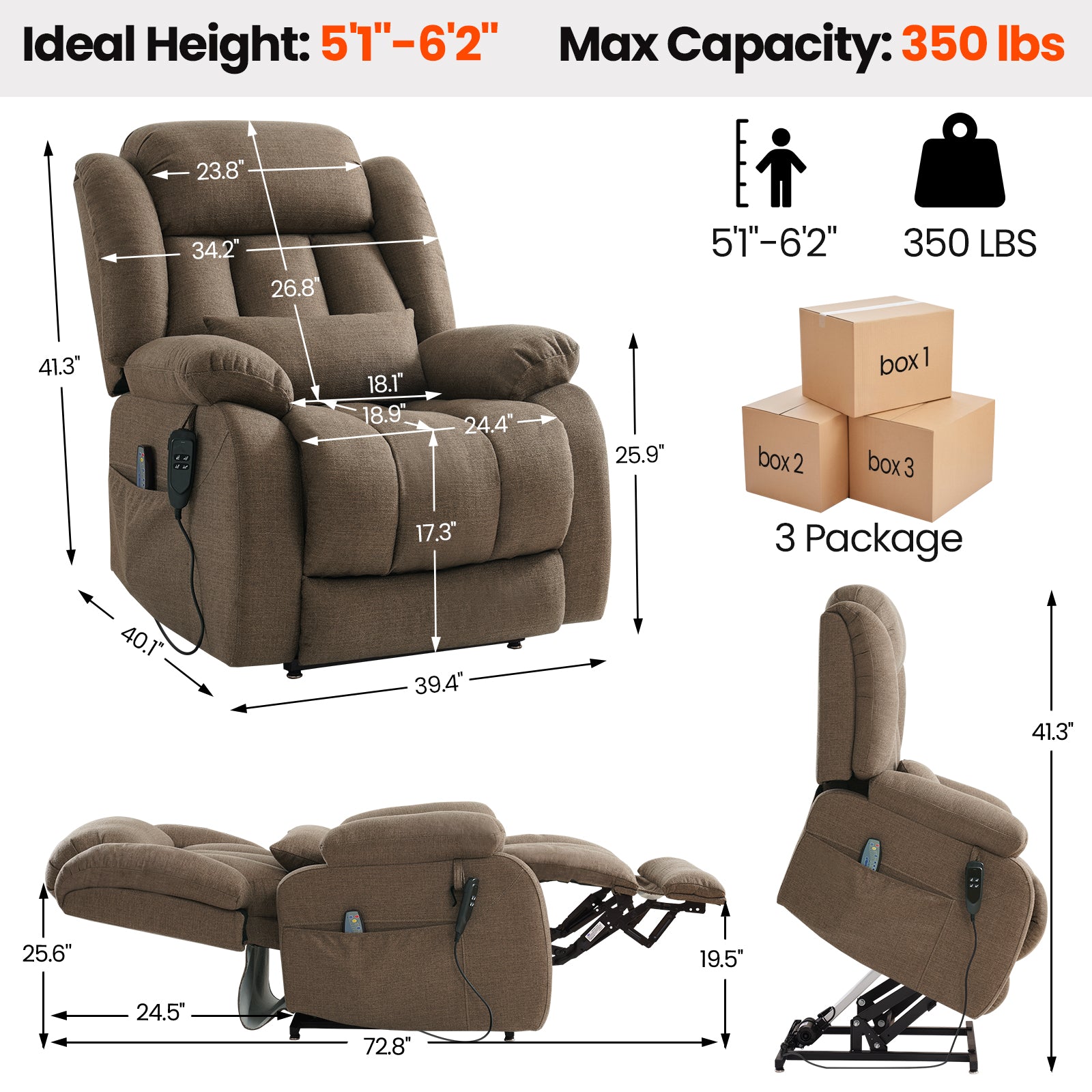 TEKAMON Infinite Position Lift Recliner Chair for Elderly with Heat and Massage Lay Flat Sleeping Power Lift Chair, Linen Fabric, Brown