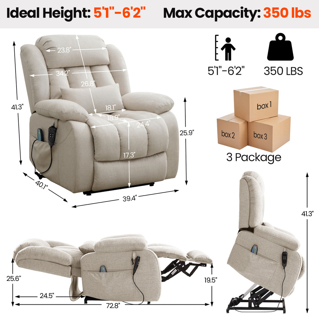 TEKAMON Infinite Position Lift Recliner Chair for Elderly with Heat and Massage Lay Flat Sleeping Power Lift Chair, Linen Fabric, Beige