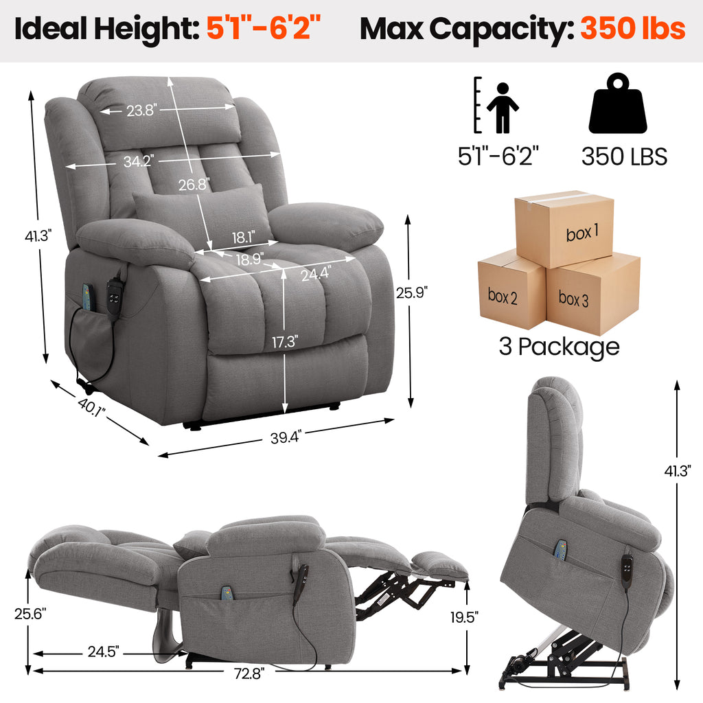TEKAMON Infinite Position Lift Recliner Chair for Elderly with Heat and Massage Lay Flat Sleeping Power Lift Chair, Linen Fabric, Grey