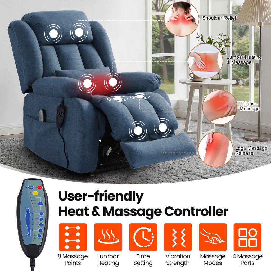 TEKAMON Infinite Position Lift Recliner Chair for Elderly with Heat and Massage Lay Flat Sleeping Power Lift Chair, Linen Fabric, Blue