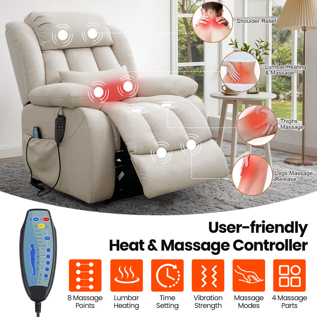 TEKAMON Infinite Position Lift Recliner Chair for Elderly with Heat and Massage Lay Flat Sleeping Power Lift Chair, Linen Fabric, Beige