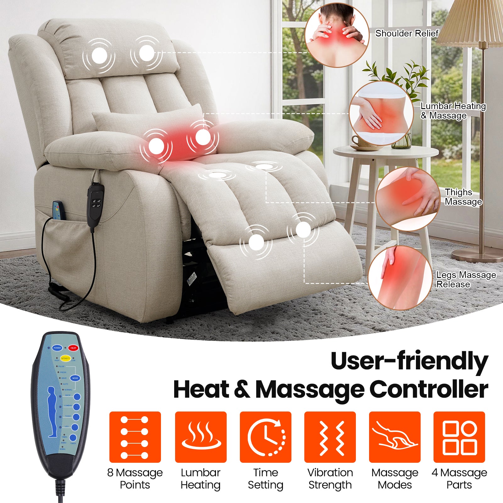 TEKAMON Infinite Position Lift Recliner Chair for Elderly with Heat and Massage Lay Flat Sleeping Power Lift Chair, Linen Fabric, Beige