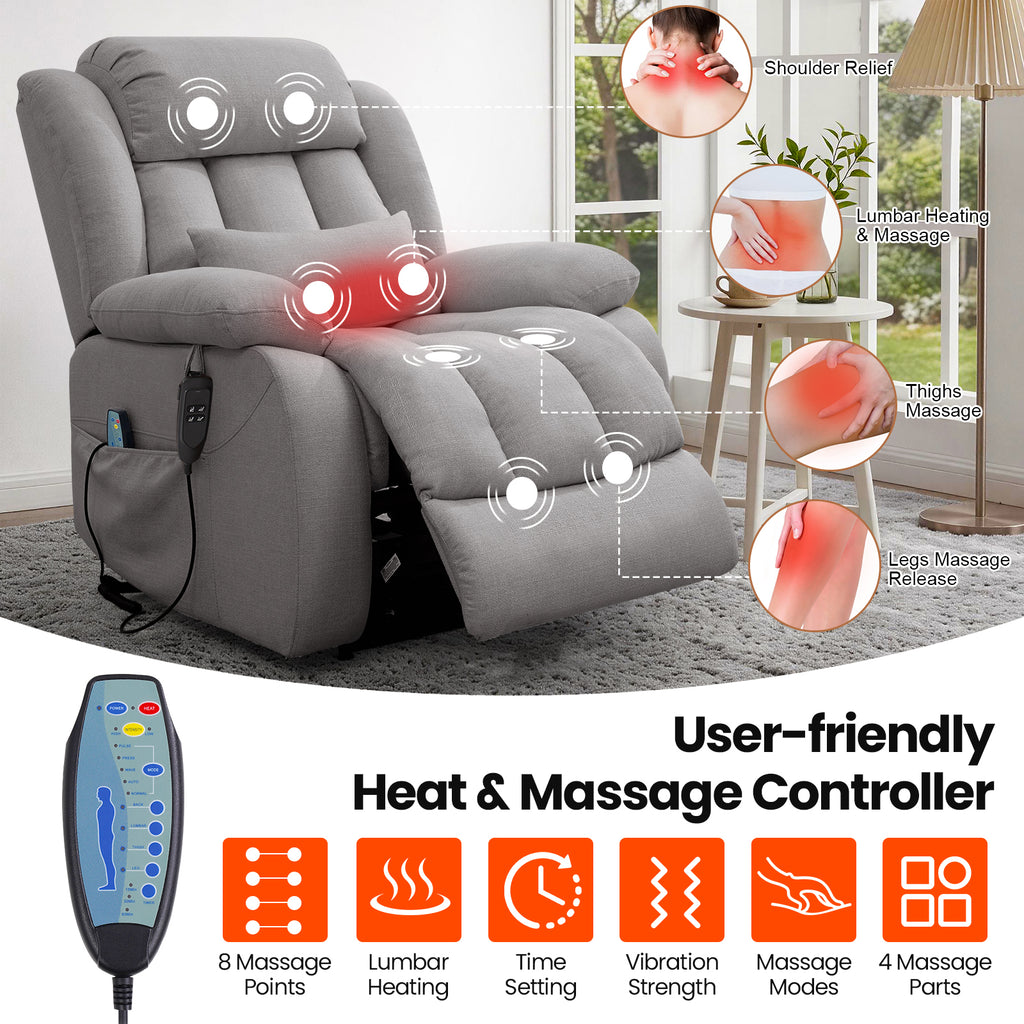 TEKAMON Infinite Position Lift Recliner Chair for Elderly with Heat and Massage Lay Flat Sleeping Power Lift Chair, Linen Fabric, Grey