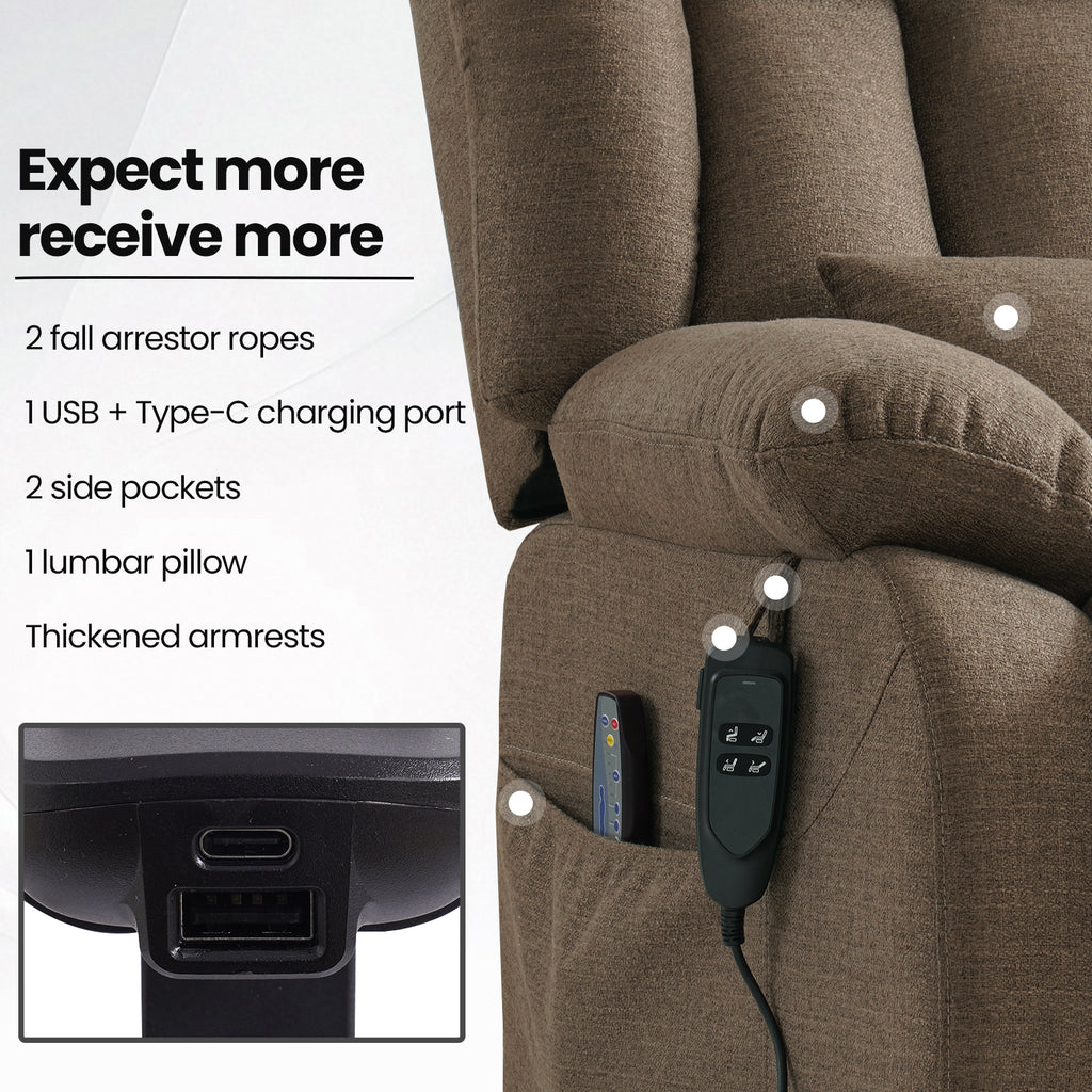 TEKAMON Infinite Position Lift Recliner Chair for Elderly with Heat and Massage Lay Flat Sleeping Power Lift Chair, Linen Fabric, Brown