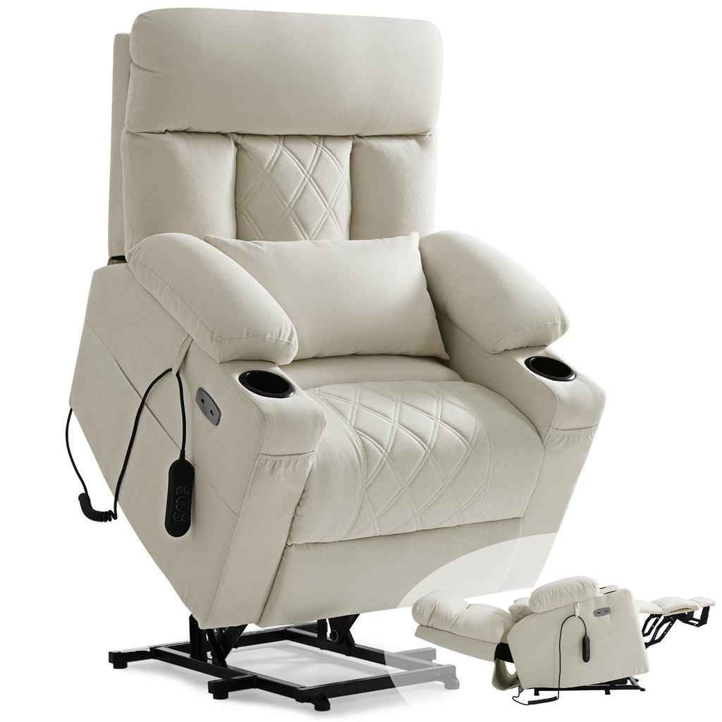 TEKAMON Power Lift Recliner Chair for Elderly - Adjustable Headrest, Three Motor, Infinite Positions, Built-in Massage and Heating, USB Ports, Cup Holders -Ivory Rice