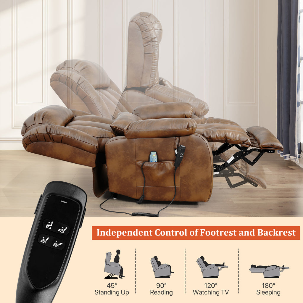 TEKAMON Infinite Position Lift Recliner Chair for Elderly with Heat Massage and Extended Footrest Lay Flat Sleeping Leather Dual Motor Power Lift Chair for Living Room (Ochre)
