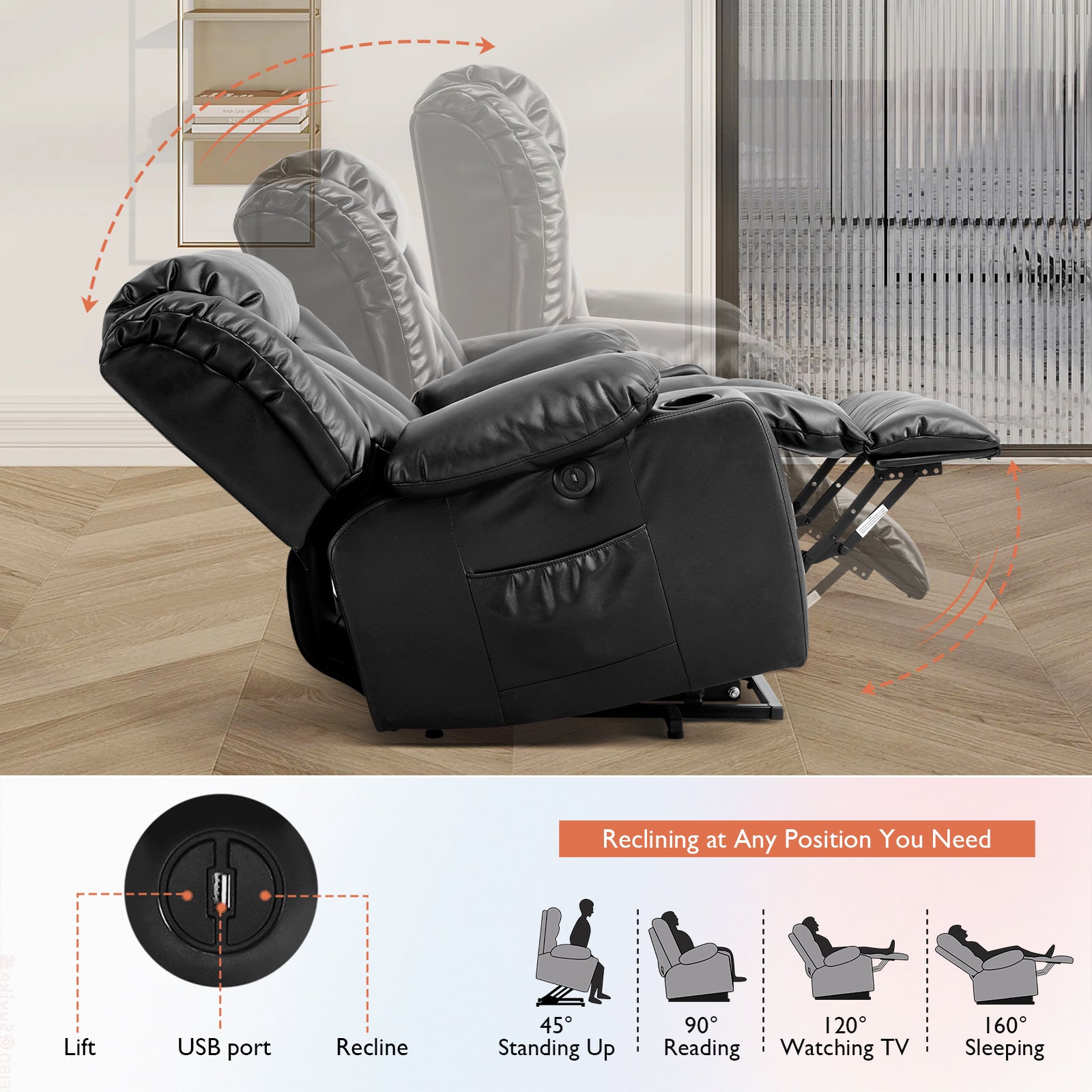 TEKAMON Large Power Lift Recliner Chair for Elderly with Heat and Massage Leather Electric Recliners Chair For Living Room with Cup Holders, Remote Control (Black)