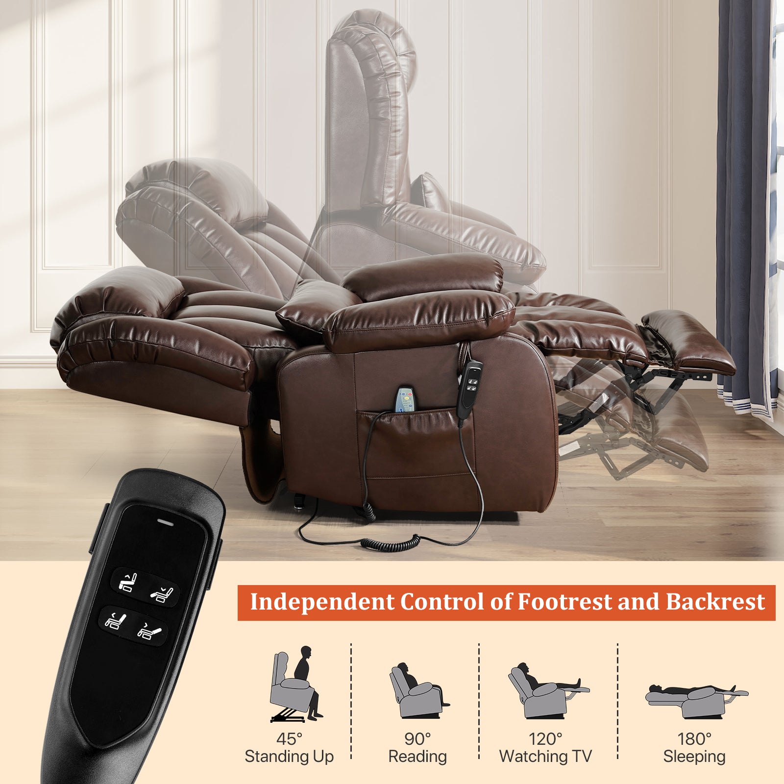 TEKAMON Infinite Position Lift Recliner Chair for Elderly with Heat Massage and Extended Footrest Lay Flat Sleeping Leather Dual Motor Power Lift Chair for Living Room (Beige)