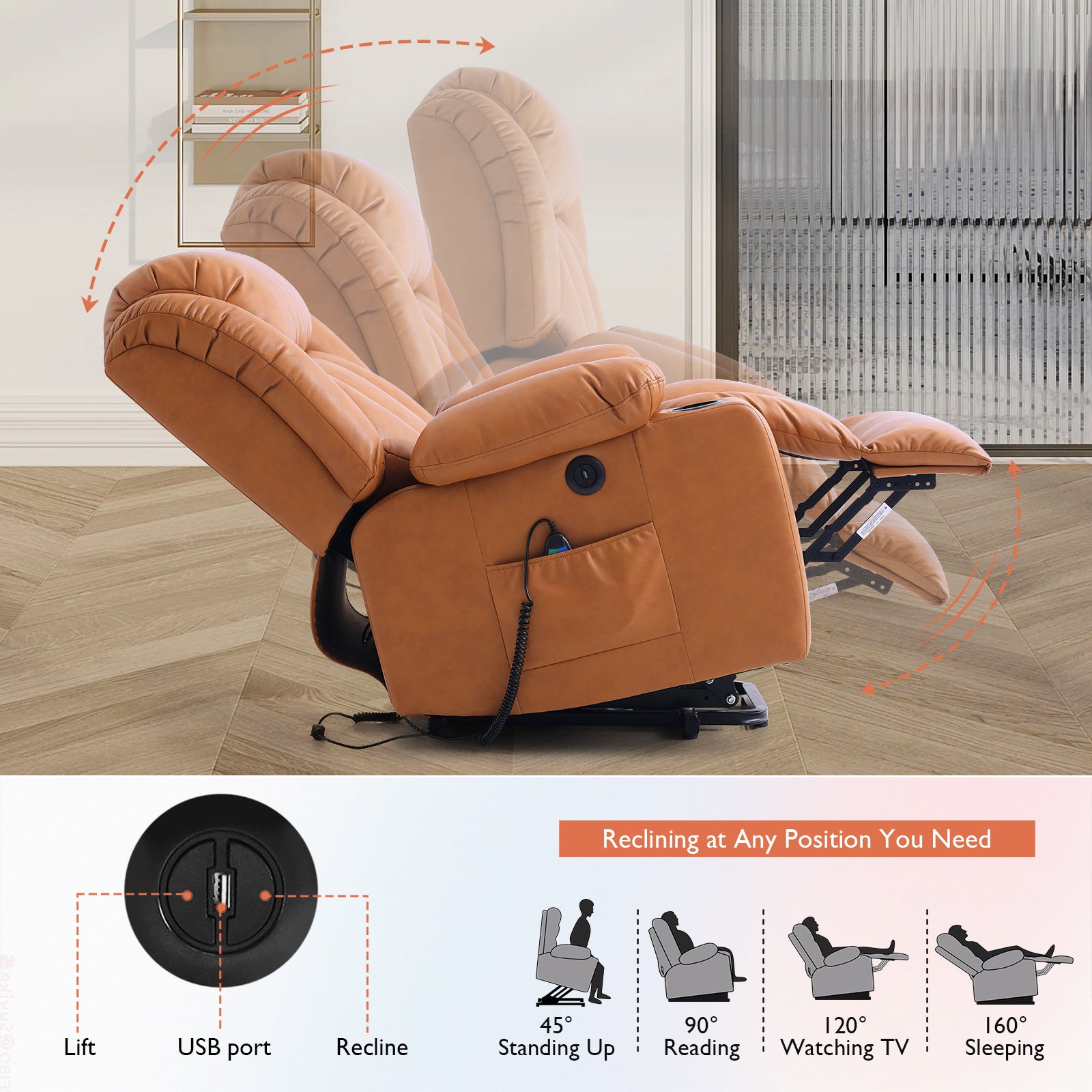 TEKAMON Infinite Position Lift Recliner Chair for Elderly with Heat Massage and Extended Footrest Lay Flat Sleeping Leather Dual Motor Power Lift Chair for Living Room (orange)