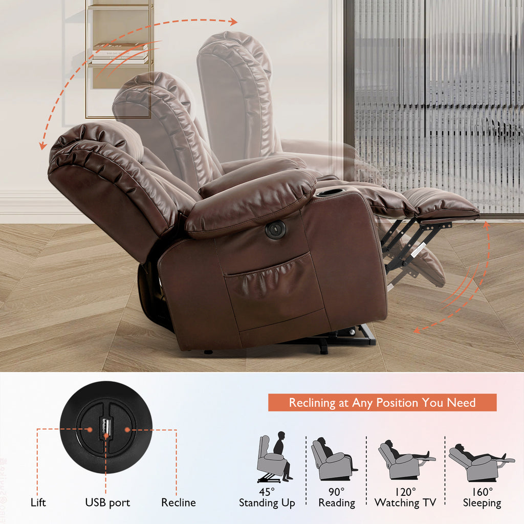 TEKAMON Infinite Position Lift Recliner Chair for Elderly with Heat Massage and Extended Footrest Lay Flat Sleeping Leather Dual Motor Power Lift Chair for Living Room (Brown)