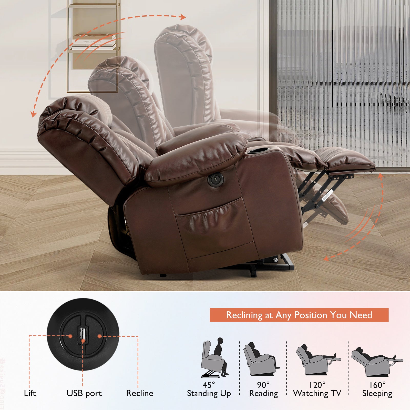 TEKAMON Infinite Position Lift Recliner Chair for Elderly with Heat Massage and Extended Footrest Lay Flat Sleeping Leather Dual Motor Power Lift Chair for Living Room (Brown)