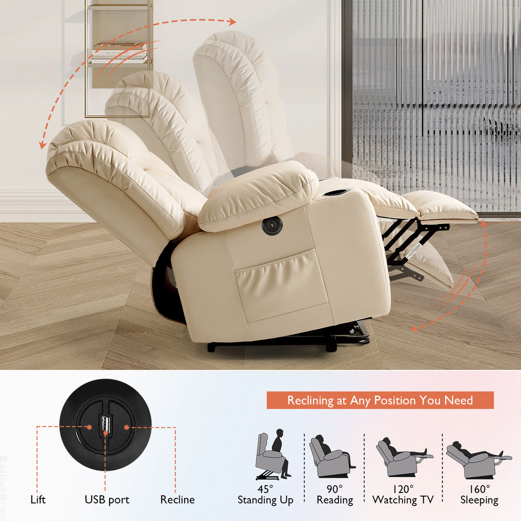 TEKAMON Infinite Position Lift Recliner Chair for Elderly with Heat Massage and Extended Footrest Lay Flat Sleeping Leather Dual Motor Power Lift Chair for Living Room (Brown)