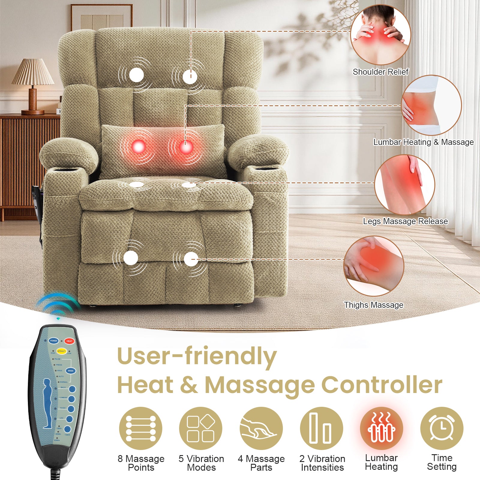 Dual Motor Power Lift Recliner Chair for Elderly – Oversized Lay‑Flat Design with Infinite Position, Massage & Heat, Cup Holders, Lumbar Pillow, One‑Touch Reset, and USB/Type‑C Charging Fabric,Beige