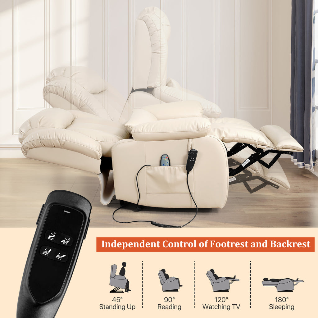 TEKAMON Infinite Position Lift Recliner Chair for Elderly with Heat Massage and Extended Footrest Lay Flat Sleeping Leather Dual Motor Power Lift Chair for Living Room (Beige)