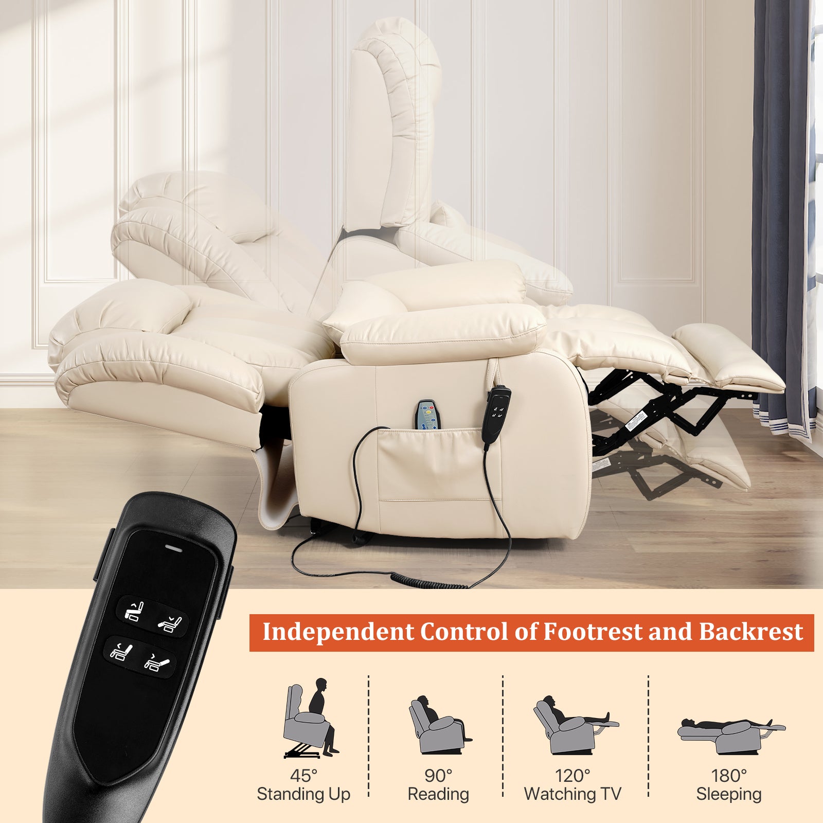 TEKAMON Infinite Position Lift Recliner Chair for Elderly with Heat Massage and Extended Footrest Lay Flat Sleeping Leather Dual Motor Power Lift Chair for Living Room (Beige)