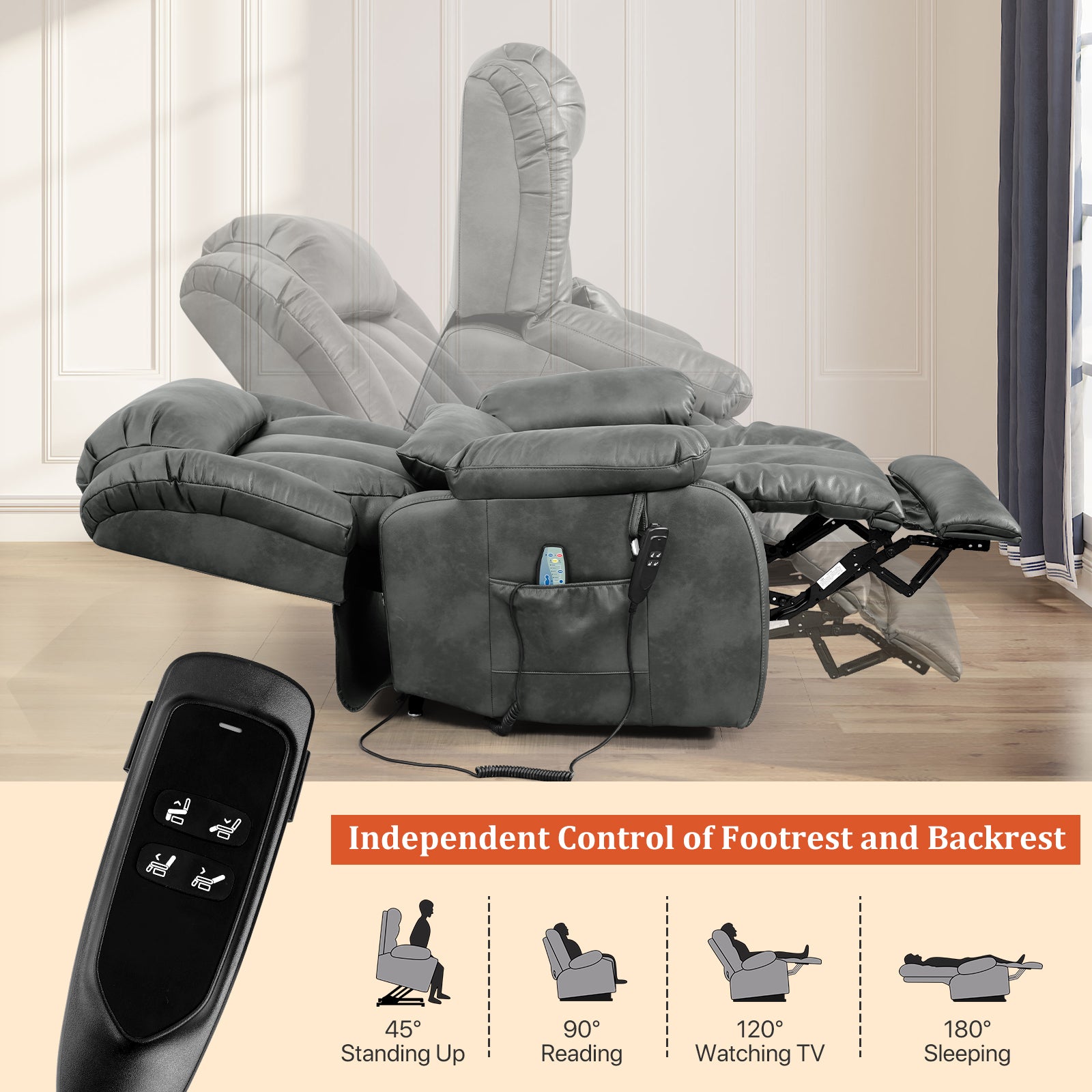 TEKAMON Infinite Position Lift Recliner Chair for Elderly with Heat Massage and Extended Footrest Lay Flat Sleeping Leather Dual Motor Power Lift Chair for Living Room (Beige)