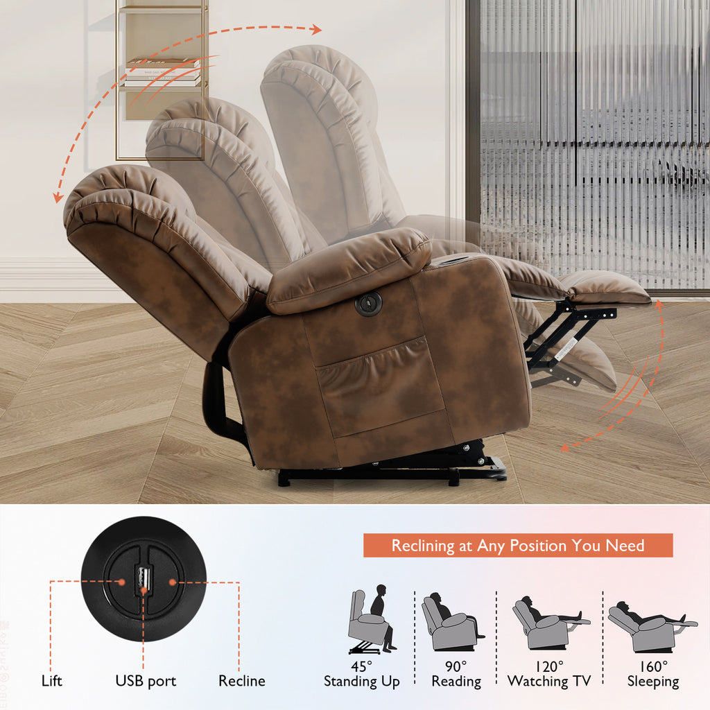 TEKAMON Large Power Lift Recliner Chair for Elderly with Heat and Massage Leather Electric Recliners Chair For Living Room with Cup Holders, Remote Control (Ochre)