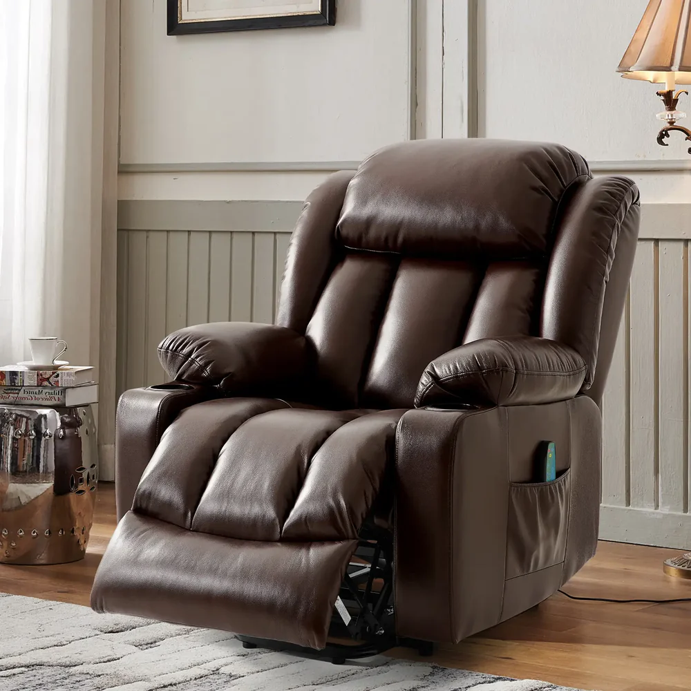 TEKAMON Infinite Position Lift Recliner Chair for Elderly with Heat Massage and Extended Footrest Lay Flat Sleeping Leather Dual Motor Power Lift Chair for Living Room (Brown)