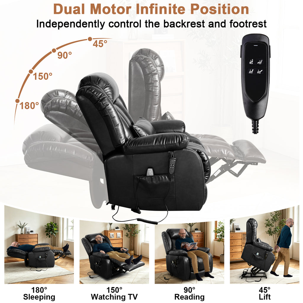 TEKAMON Infinite Position Lift Recliner Chair for Elderly with Heat Massage and Extended Footrest Lay Flat Sleeping Leather Dual Motor Power Lift Chair for Living Room (Black)