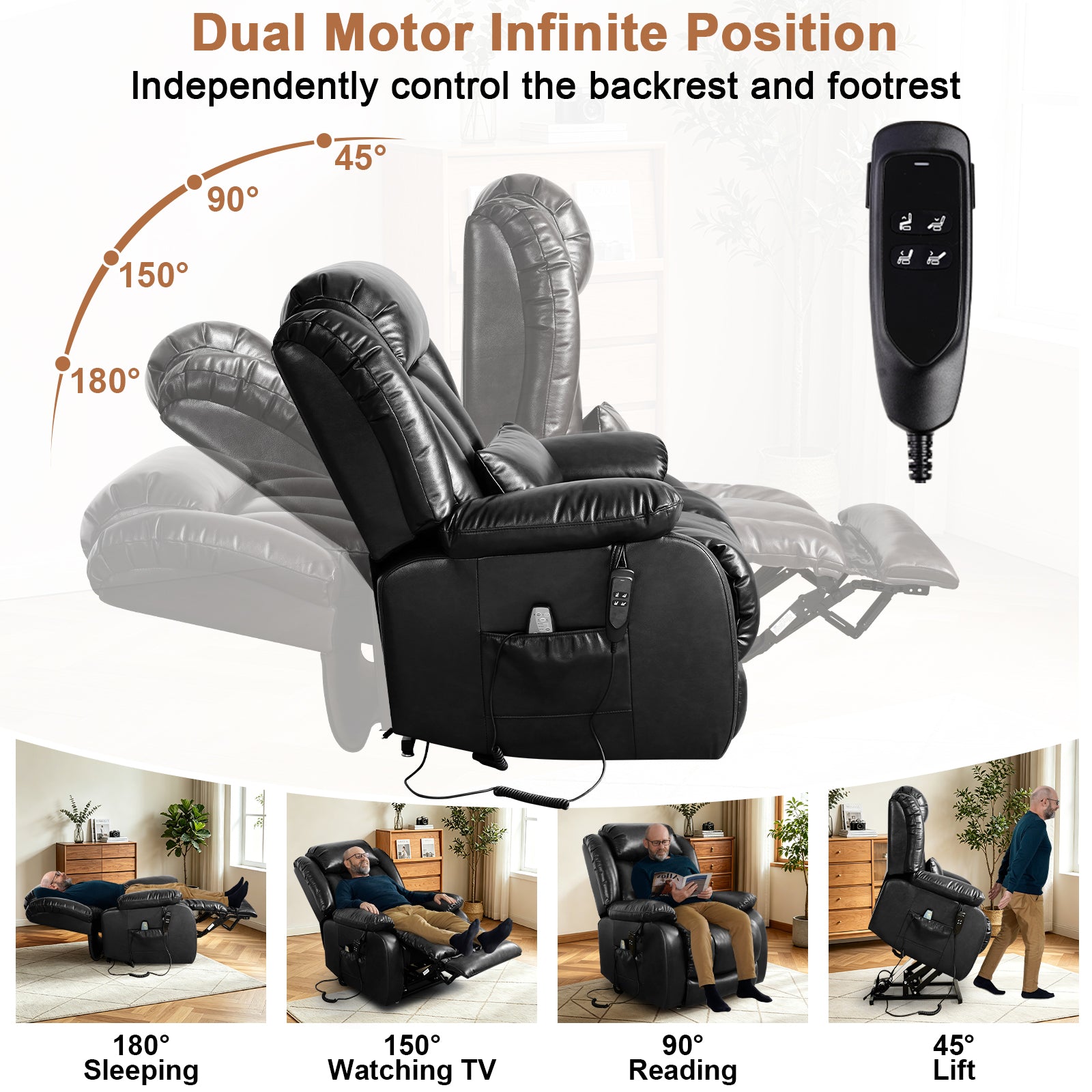 TEKAMON Infinite Position Lift Recliner Chair for Elderly with Heat Massage and Extended Footrest Lay Flat Sleeping Leather Dual Motor Power Lift Chair for Living Room (Black)