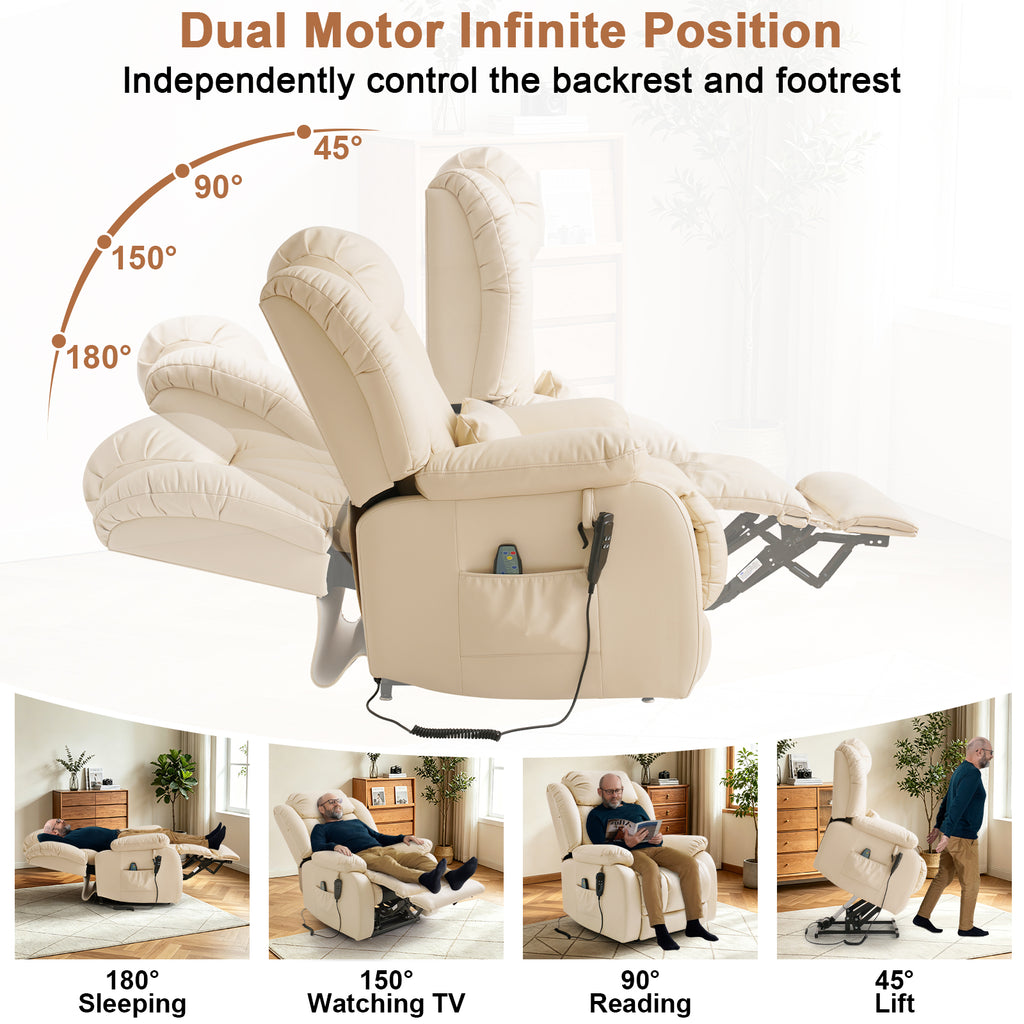 TEKAMON Infinite Position Lift Recliner Chair for Elderly with Heat Massage and Extended Footrest Lay Flat Sleeping Leather Dual Motor Power Lift Chair for Living Room (Beige)