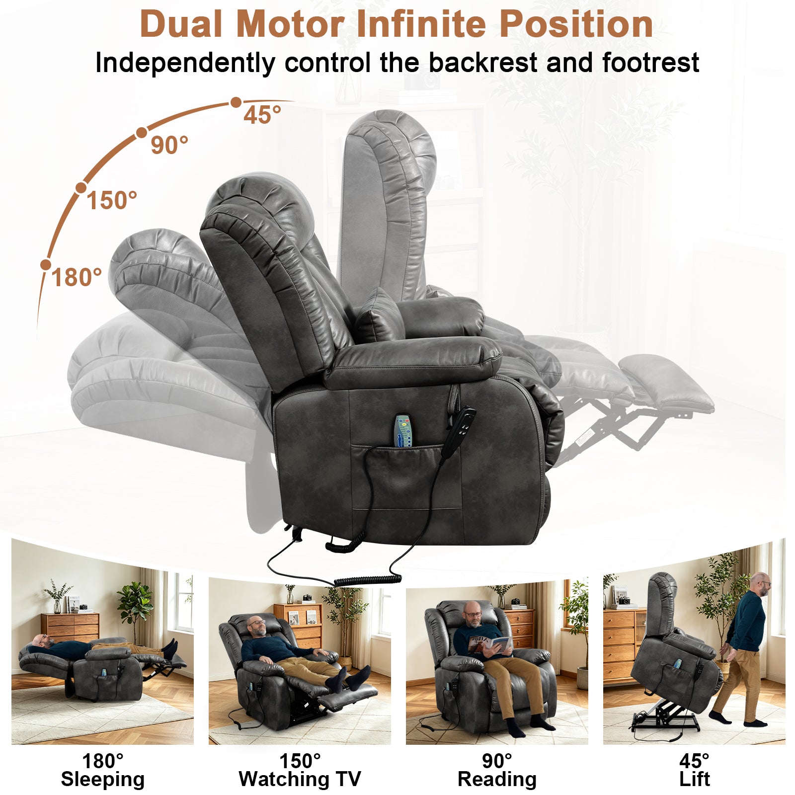 TEKAMON Infinite Position Lift Recliner Chair for Elderly with Heat Massage and Extended Footrest Lay Flat Sleeping Leather Dual Motor Power Lift Chair for Living Room (Grey)