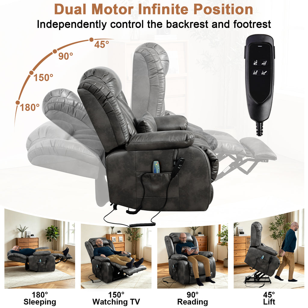TEKAMON Infinite Position Lift Recliner Chair for Elderly with Heat Massage and Extended Footrest Lay Flat Sleeping Leather Dual Motor Power Lift Chair for Living Room (Grey)