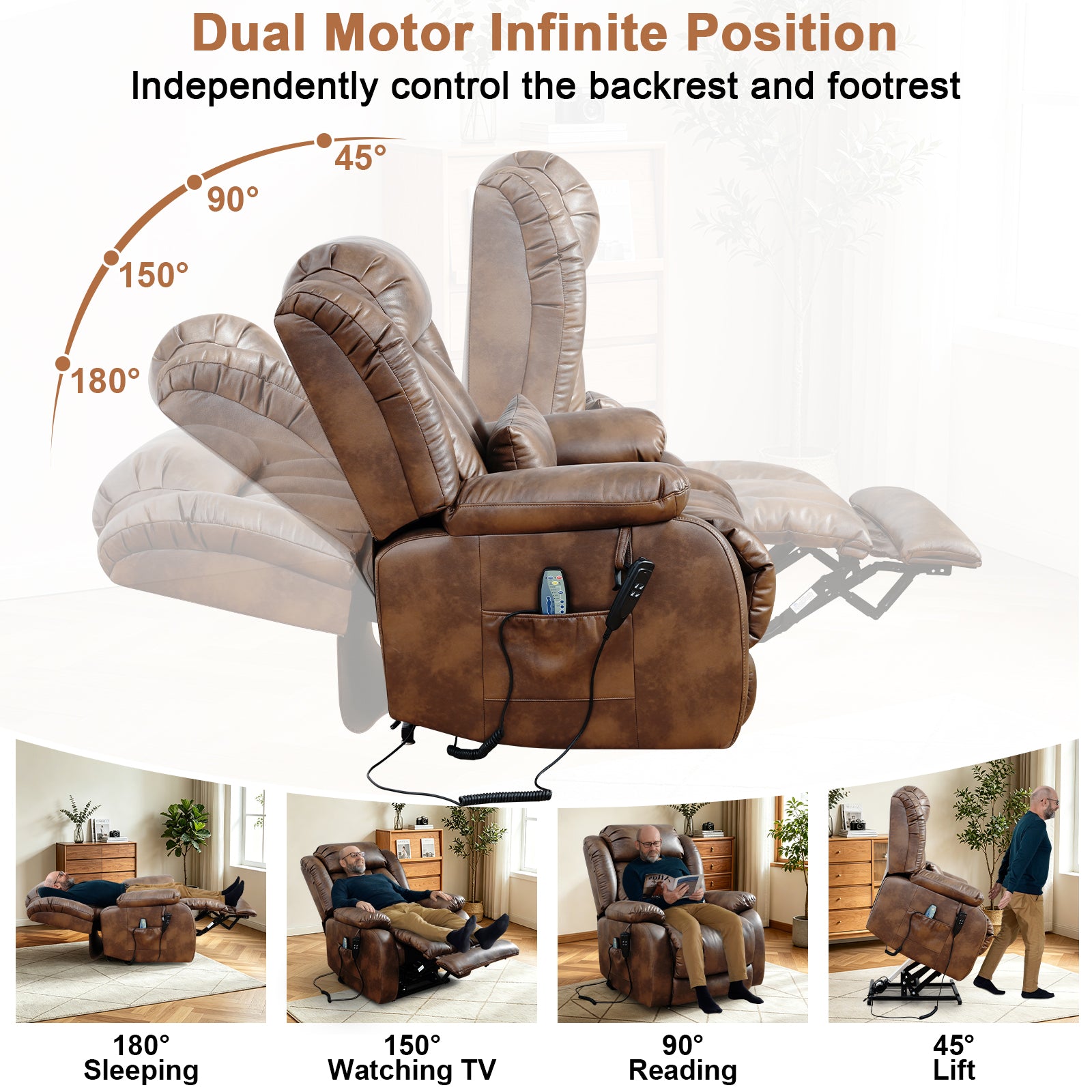 TEKAMON Infinite Position Lift Recliner Chair for Elderly with Heat Massage and Extended Footrest Lay Flat Sleeping Leather Dual Motor Power Lift Chair for Living Room (Ochre)