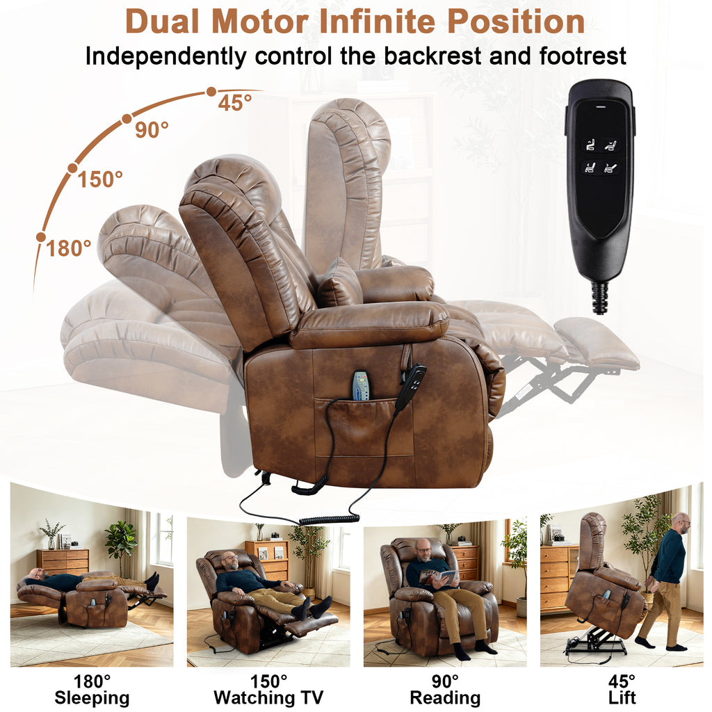 TEKAMON Infinite Position Lift Recliner Chair for Elderly with Heat Massage and Extended Footrest Lay Flat Sleeping Leather Dual Motor Power Lift Chair for Living Room (Ochre)