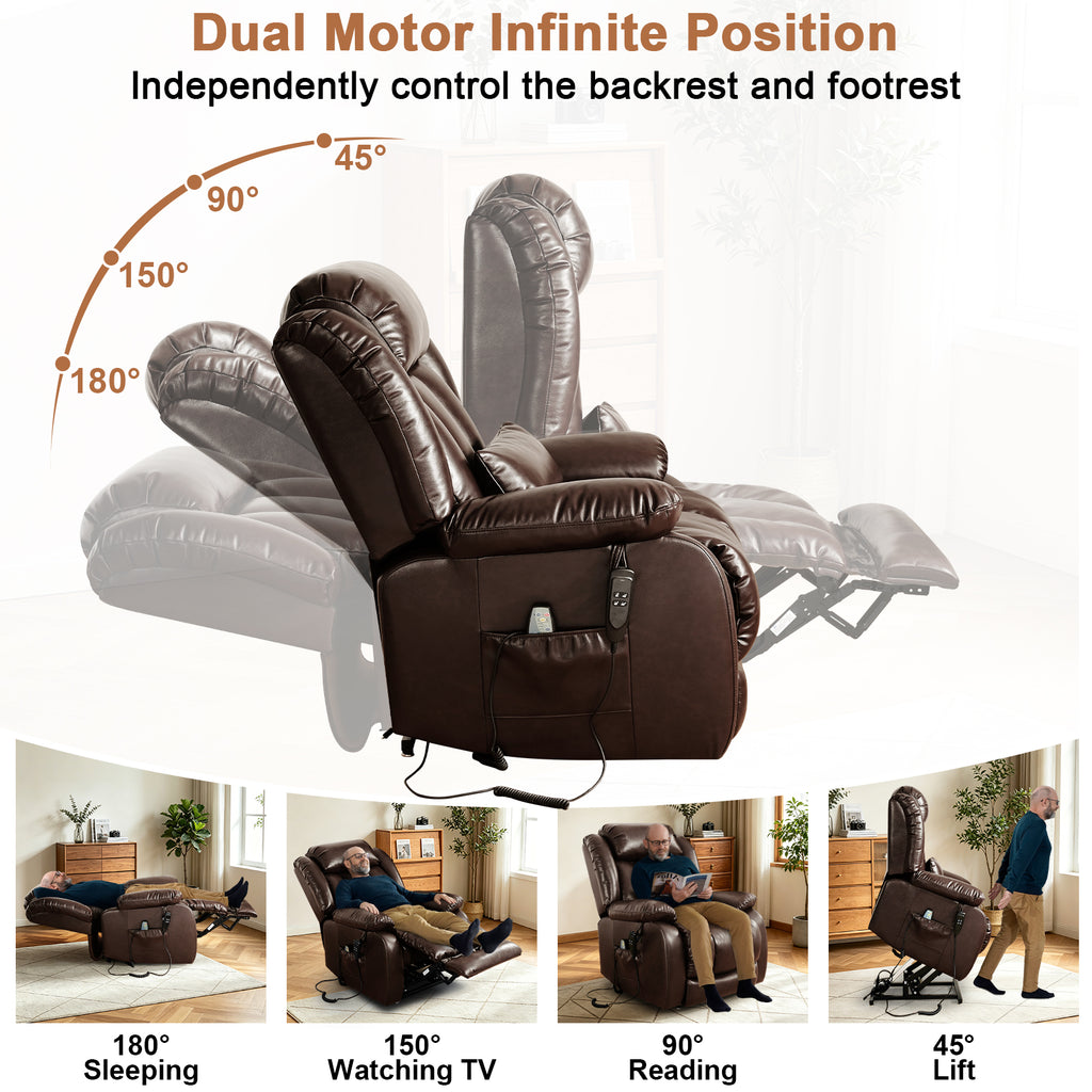 TEKAMON Power Lift Chair Recliner for Elderly with Heat and Massage, Lay Flat Sleeping Recliner Dual Motor Infinite Position Leather Lift Chair for Living Room (Brown)