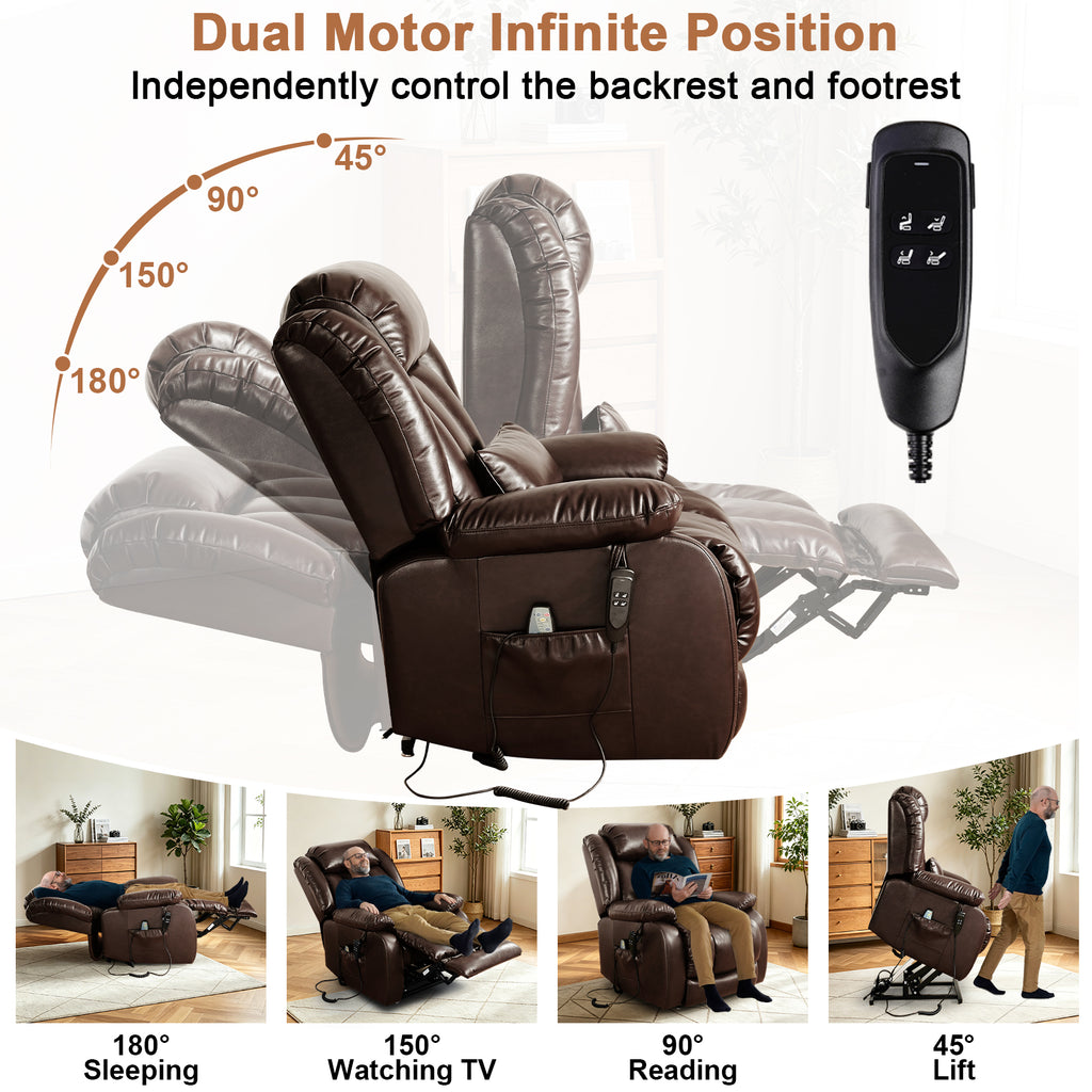 TEKAMON Power Lift Chair Recliner for Elderly with Heat and Massage, Lay Flat Sleeping Recliner Dual Motor Infinite Position Leather Lift Chair for Living Room (Brown)