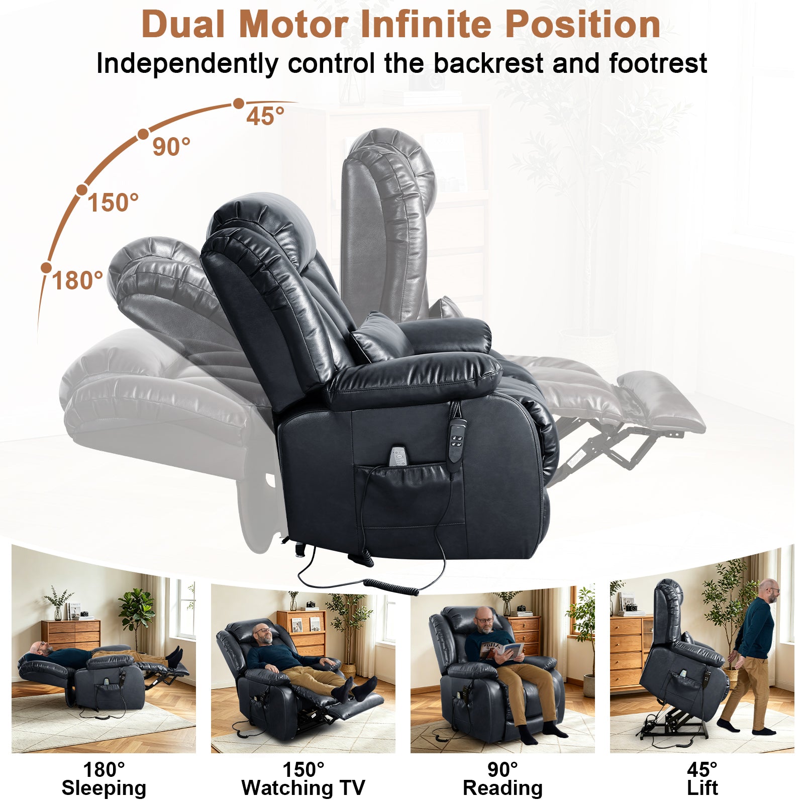 TEKAMON Infinite Position Lift Recliner Chair for Elderly with Heat Massage and Extended Footrest Lay Flat Sleeping Leather Dual Motor Power Lift Chair for Living Room (Blue)