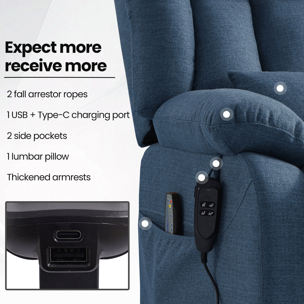 TEKAMON Infinite Position Lift Recliner Chair for Elderly with Heat and Massage Lay Flat Sleeping Power Lift Chair, Linen Fabric, Blue
