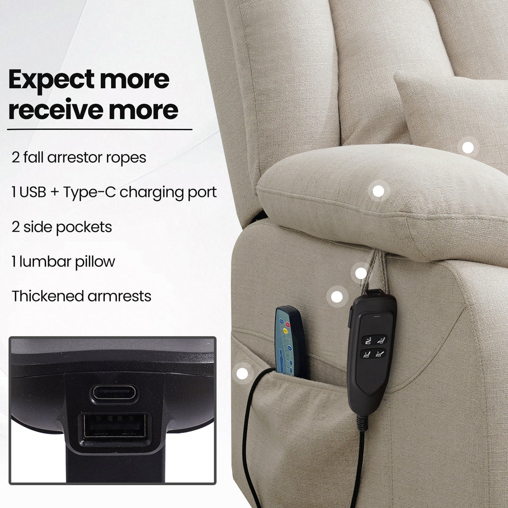 TEKAMON Infinite Position Lift Recliner Chair for Elderly with Heat and Massage Lay Flat Sleeping Power Lift Chair, Linen Fabric, Beige