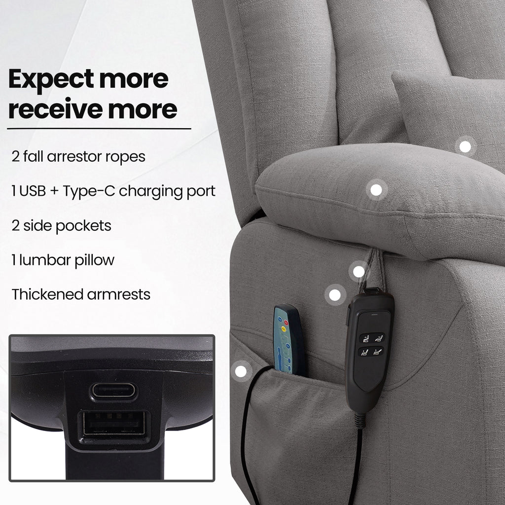 TEKAMON Infinite Position Lift Recliner Chair for Elderly with Heat and Massage Lay Flat Sleeping Power Lift Chair, Linen Fabric, Grey