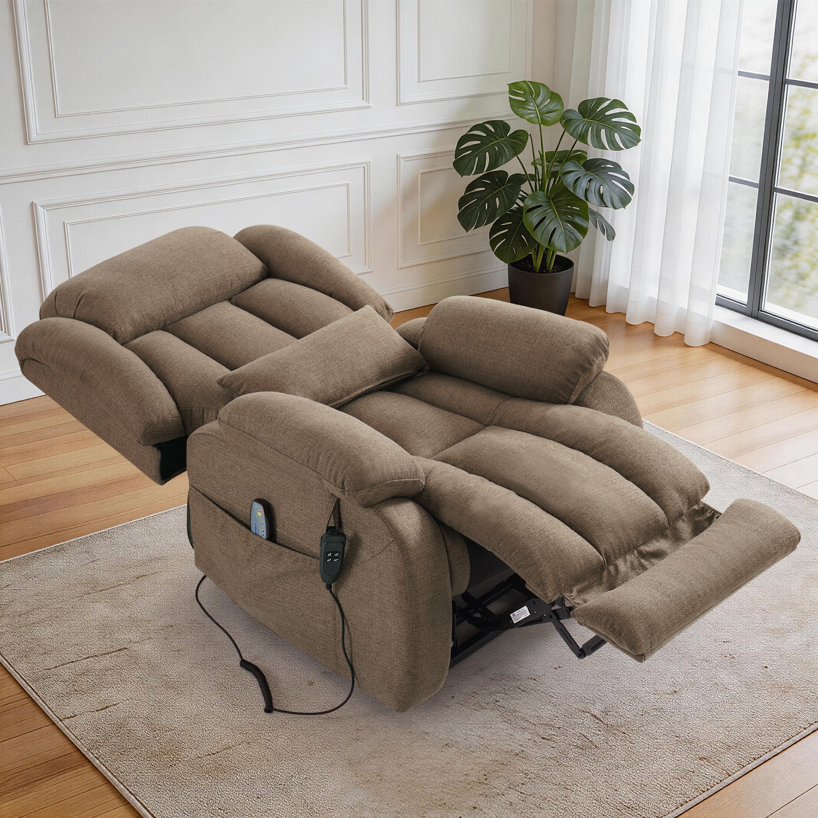 TEKAMON Infinite Position Lift Recliner Chair for Elderly with Heat and Massage Lay Flat Sleeping Power Lift Chair, Linen Fabric, Brown