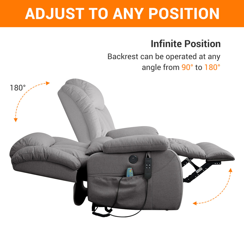 TEKAMON Infinite Position Lift Recliner Chair for Elderly with Heat and Massage Lay Flat Sleeping Power Lift Chair, Linen Fabric, Grey