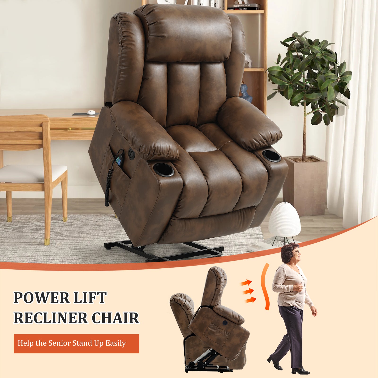 TEKAMON Large Power Lift Recliner Chair for Elderly with Heat and Massage Leather Electric Recliners Chair For Living Room with Cup Holders, Remote Control (Ochre)