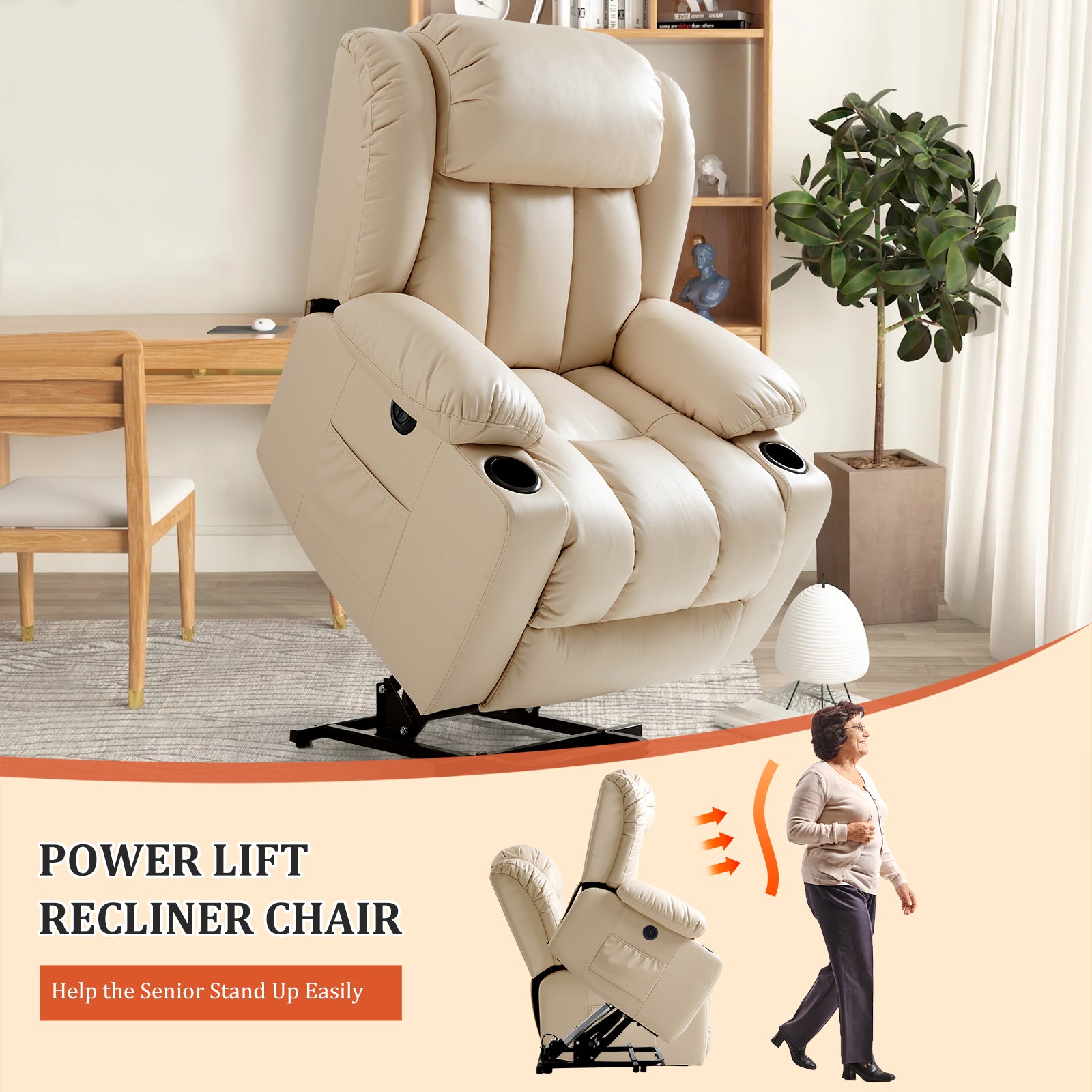 TEKAMON Infinite Position Lift Recliner Chair for Elderly with Heat Massage and Extended Footrest Lay Flat Sleeping Leather Dual Motor Power Lift Chair for Living Room (Brown)