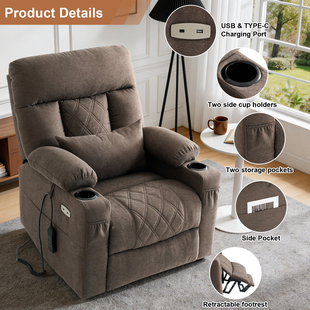 TEKAMON Power Lift Recliner Chair for Elderly - Adjustable Headrest, Three Motor, Infinite Positions, Built-in Massage and Heating, USB Ports, Cup Holders - Brown